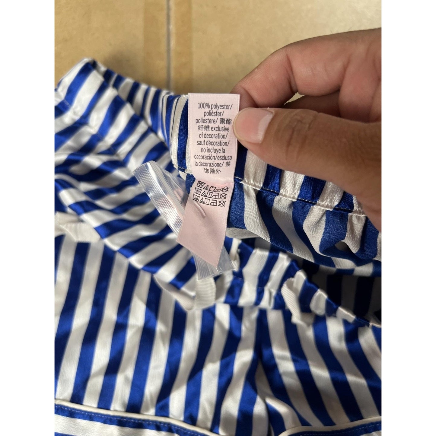Victoria's Secret Hot Pants Womens L Blue Satin Striped Elastic Waist Drawstring