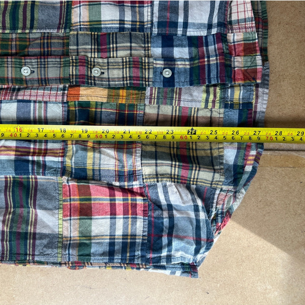 Vintage Ralph Lauren Patch Work Madras Button-Down Shirt Mens Small Blue Classic