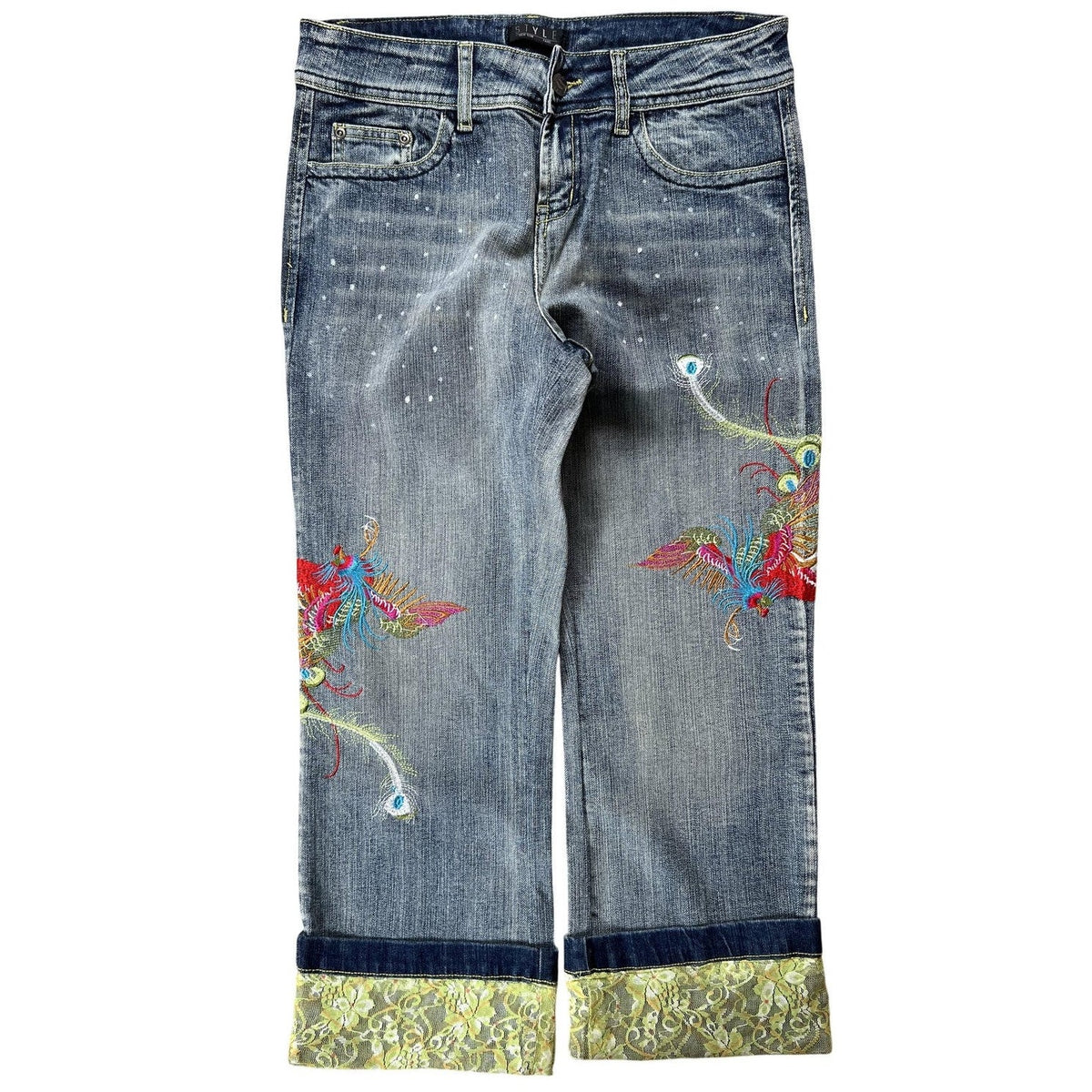 STVLE Pants Womens 6 Blue Cropped Denim Cotton Spandex Embroidered Lace Cuffed