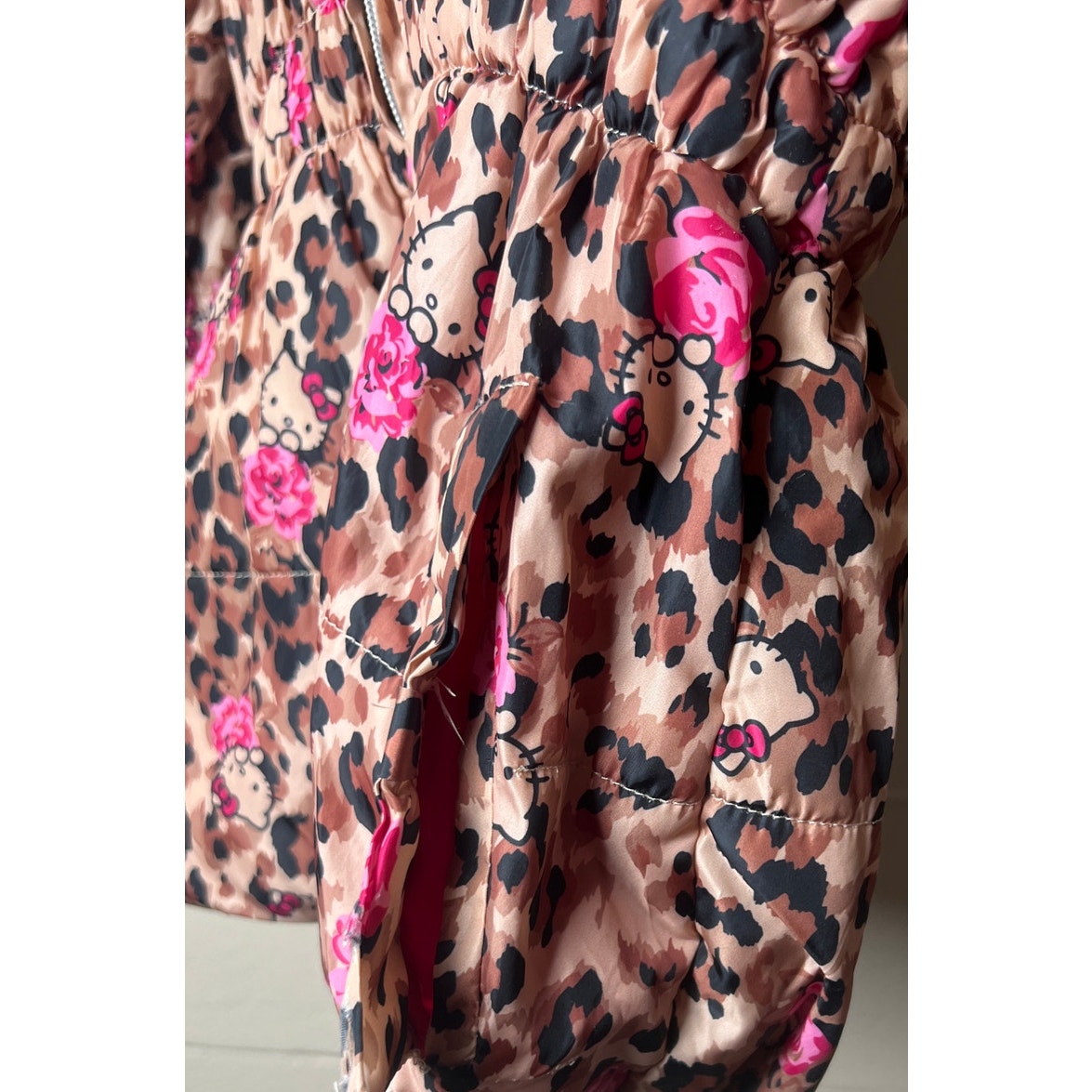 Hello Kitty Cheetah Winter Fleece Lined Hooded Puffer Size 10 Ripped Pocket