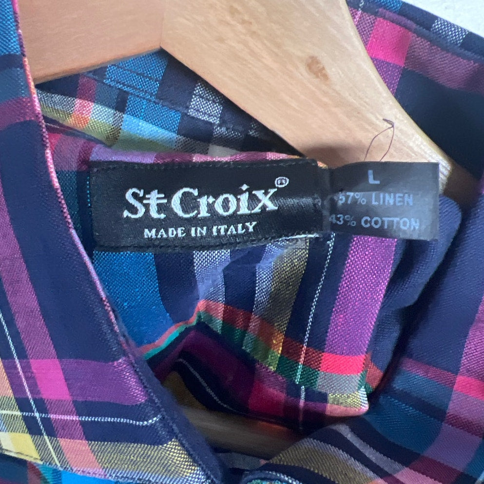 St. Croix Plaid Button Down Large Made In Italy Cotton Multicolored