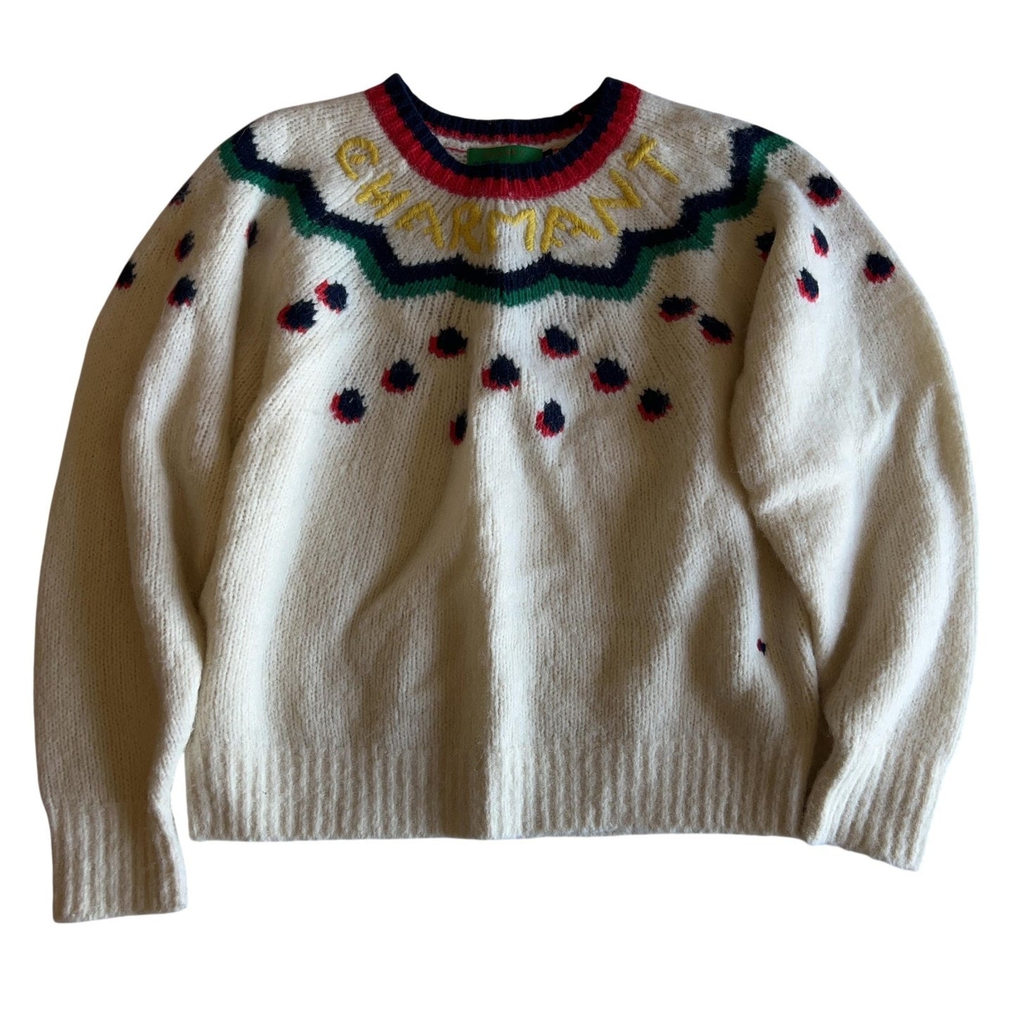CLARE V. Sweater Womens M White Mohair Fair Isle Embroidered Chunky-Knit