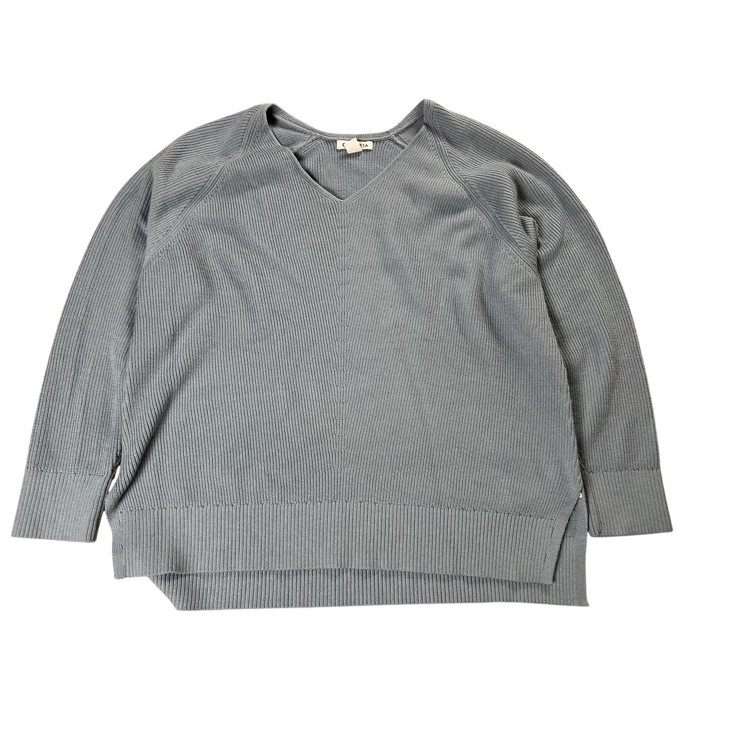 Athleta Sweater Womens XL Blue Pullover V-Neck Merino Wool Raglan Knit Top