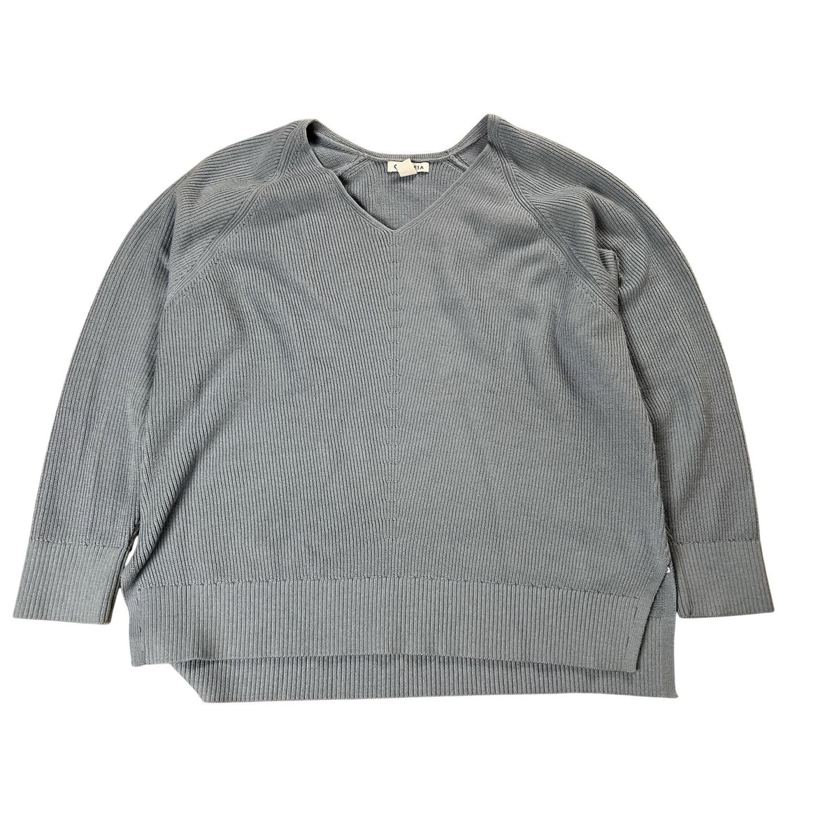 Athleta Sweater Womens XL Blue Pullover V-Neck Merino Wool Raglan Knit Top