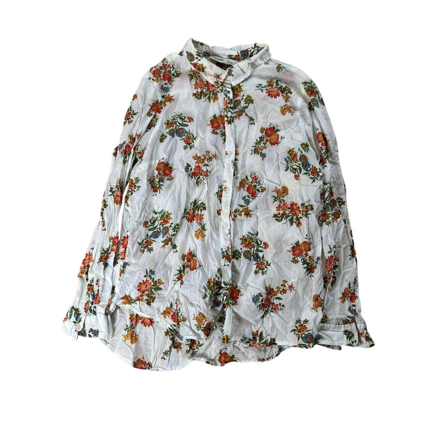 Old Navy Tunic Womens XL White Floral Button-Up Collared Long Sleeve Cotton