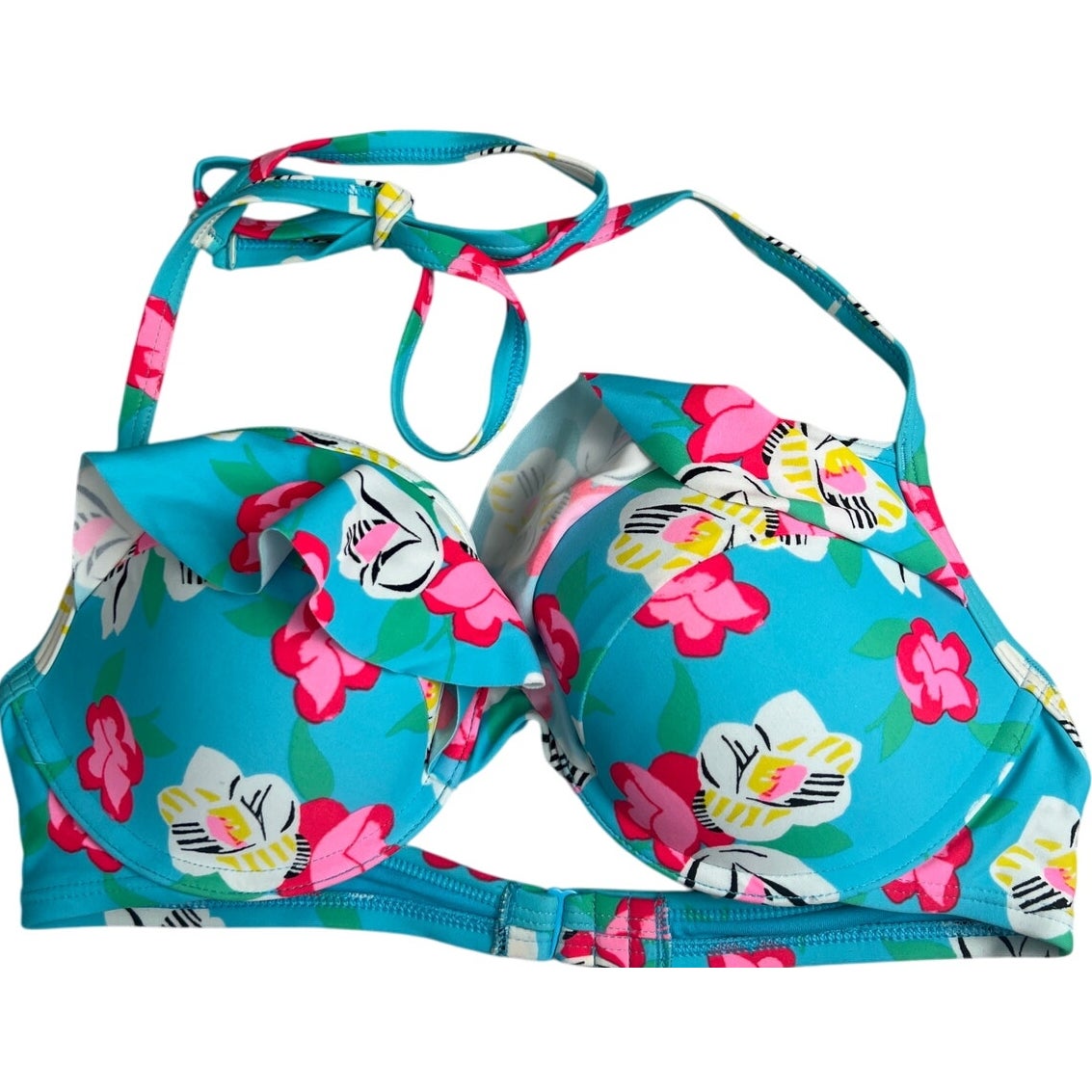 Aerie Floral Blue Pink Ruffled Halter Bikini Top Adjustable 34C