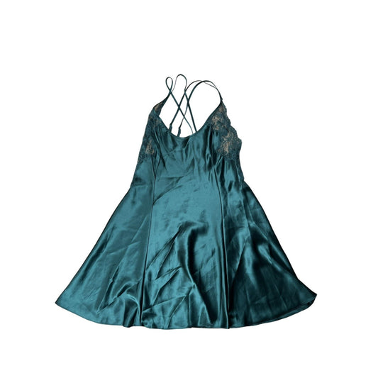 Victoria's Secret Chemise Womens M Green Satin Lace Trim Nightgown Lingerie