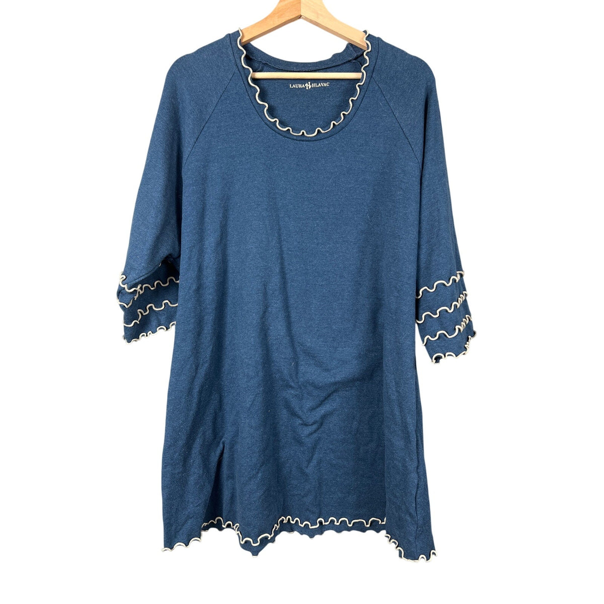 Laura Hlavac Dress Cotton Ruffle Sleeve Hem Blue Long Sleeve Size 2XL