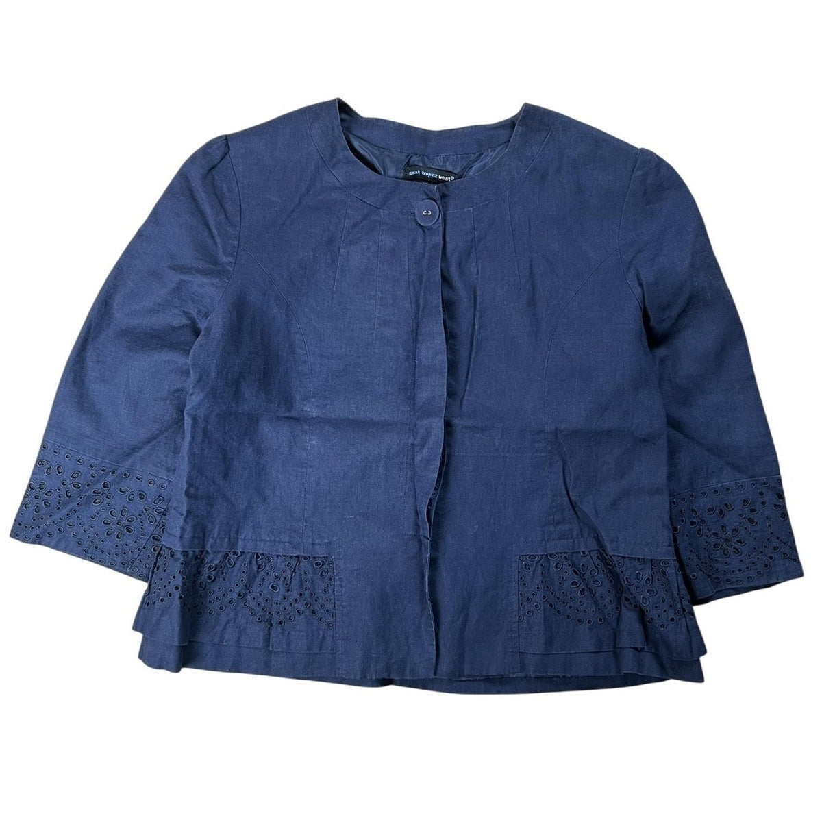 Saint Tropez West Jacket Womens M Blue Linen Collarless Embroidered Ruffle