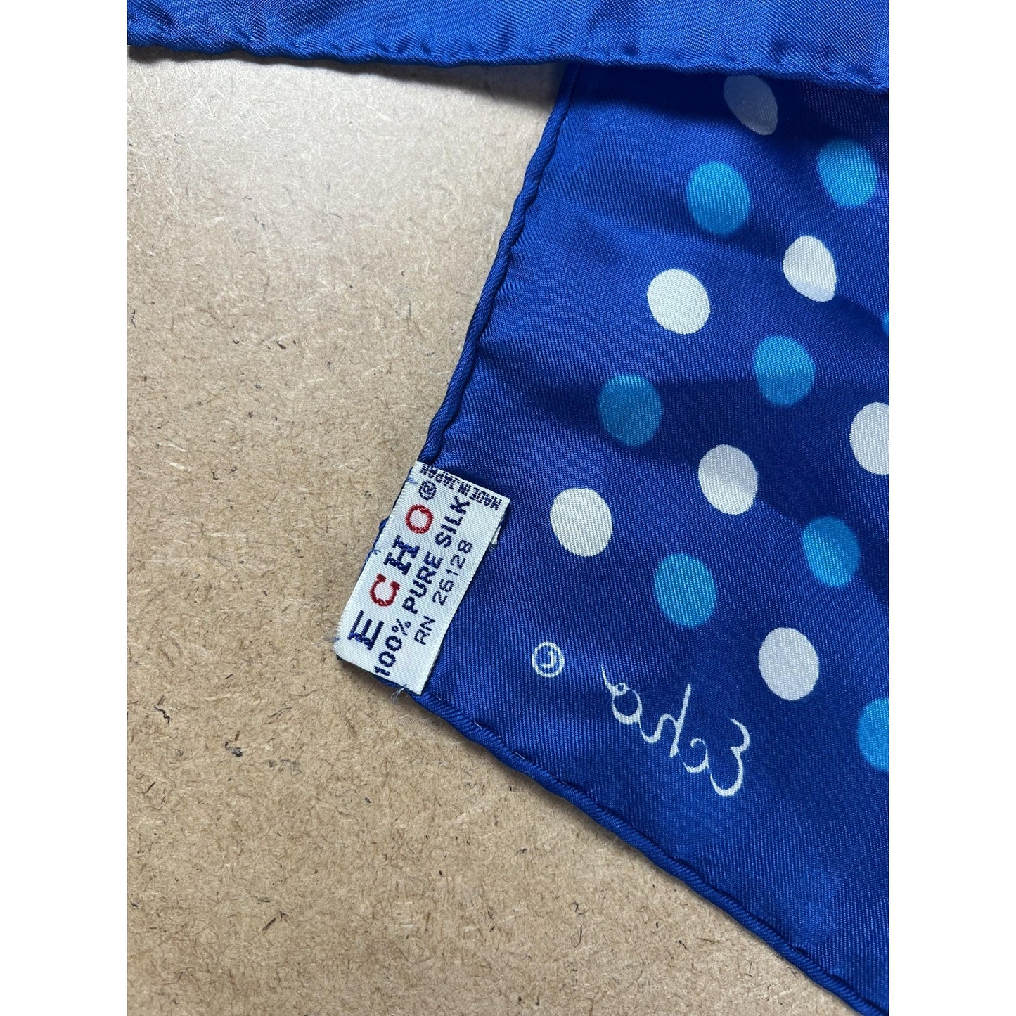 ECHO Kerchief Mens One Size Blue Polka Dot 100% Silk Square Scarf Twill