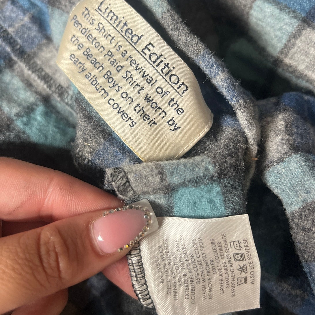 Pendleton Mens Medium Blue Button Up Wool Plaid Beach Boys Limited Edition