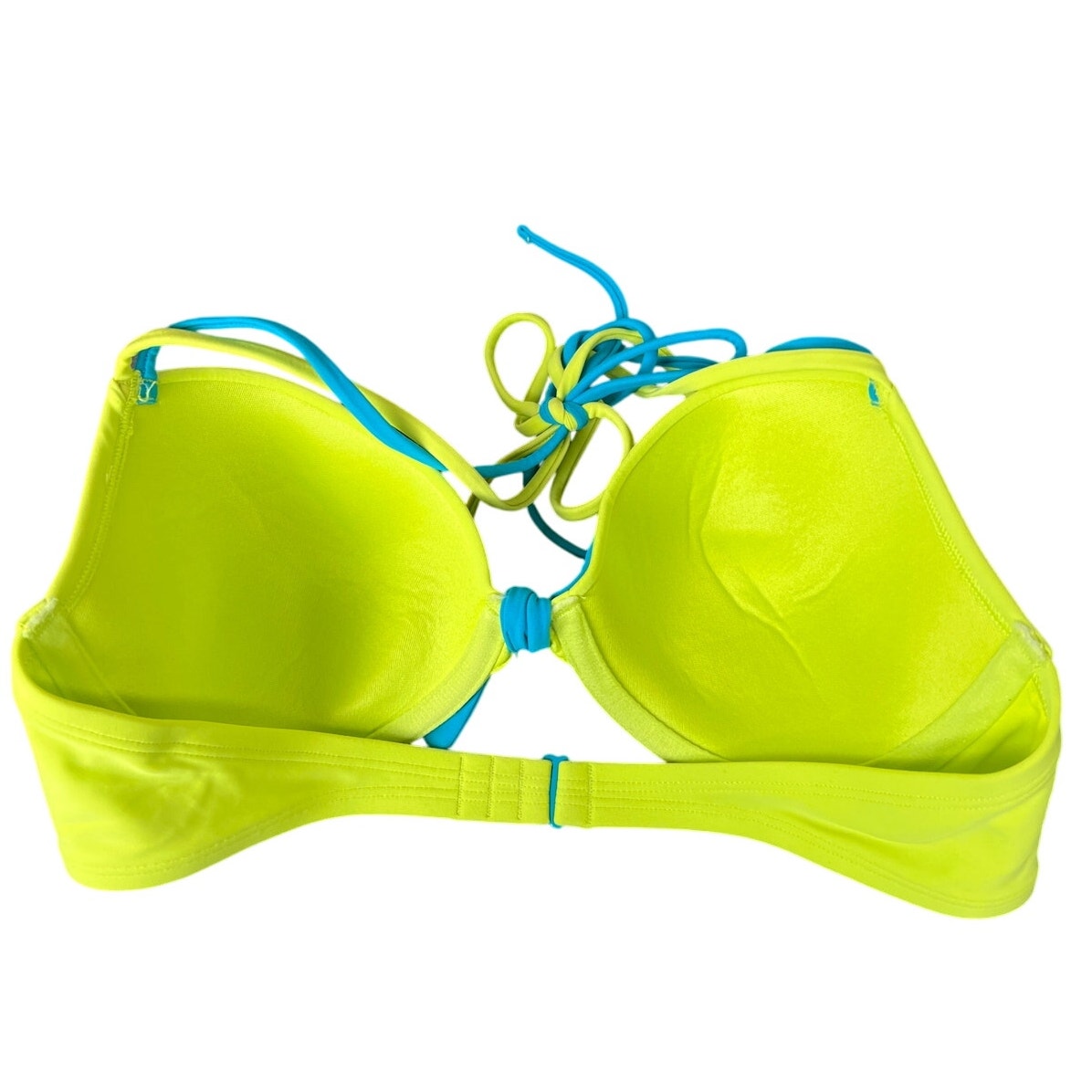 Aerie 34D Neon Yellow Swimwear Bikini Top Blue Bowtie Adjustable Halter Top