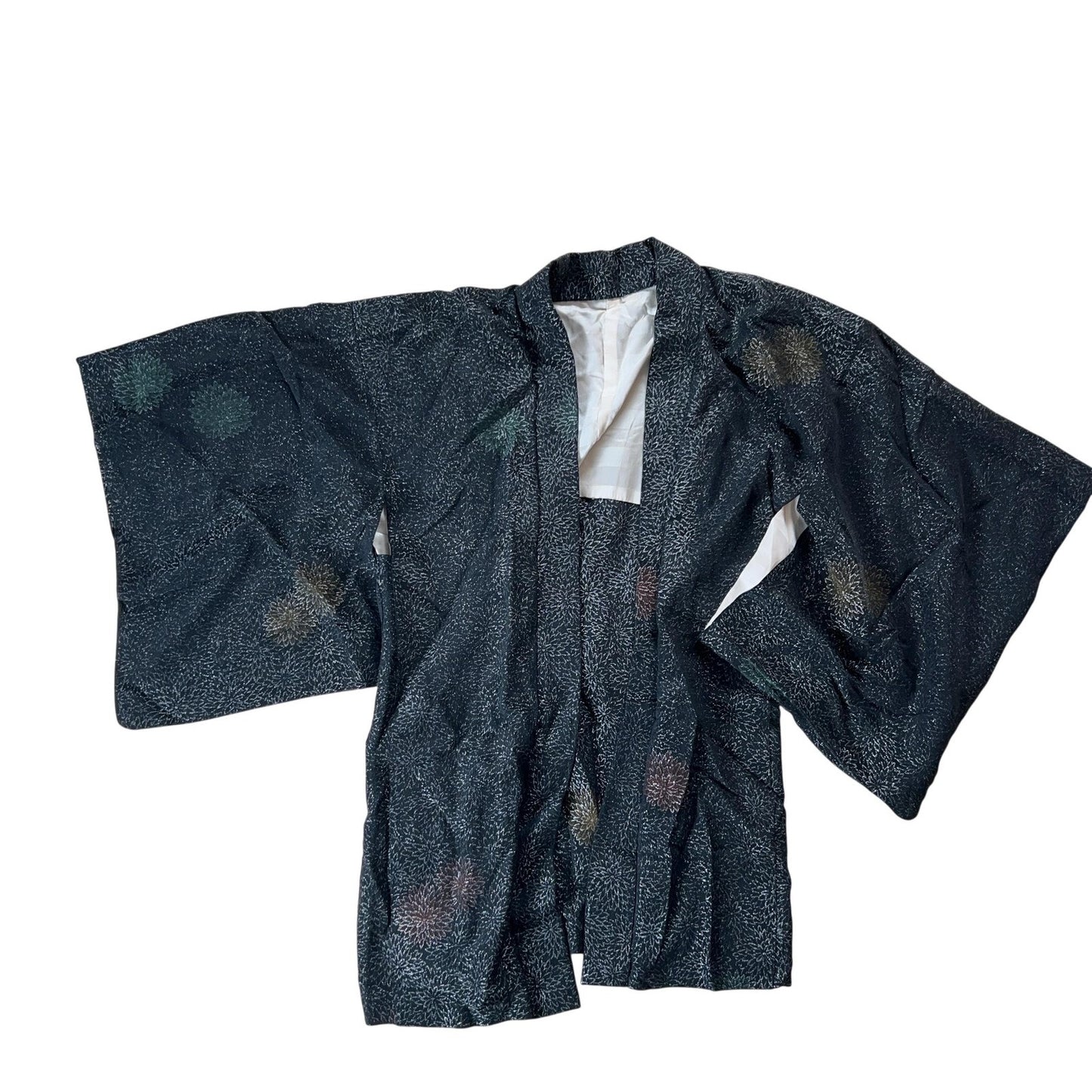 Jacket Womens One Size Black Silk Kimono Floral Crepe Mid-Length Open Lined