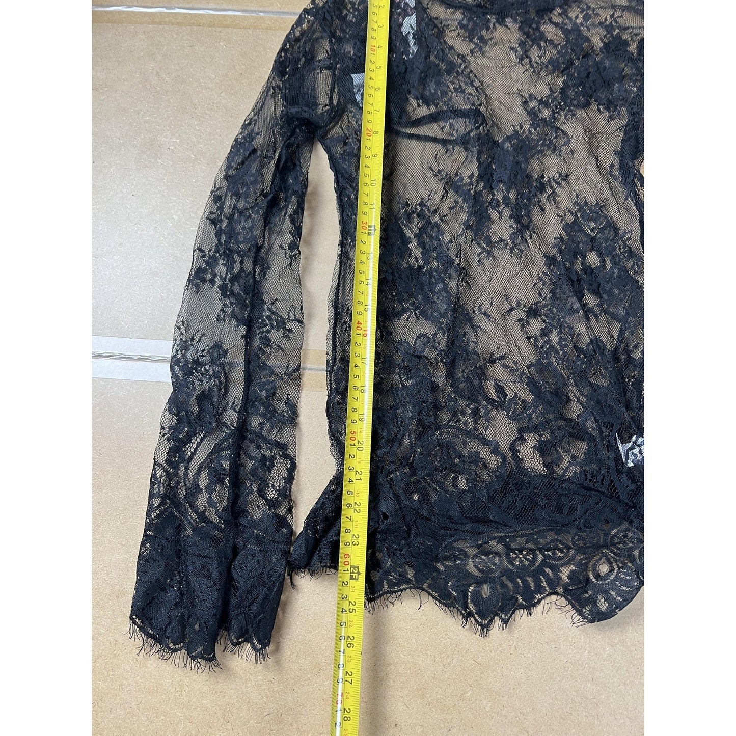Shirley Top Womens S Black Lace Sheer Long Sleeve Scallop Hem Clubwear