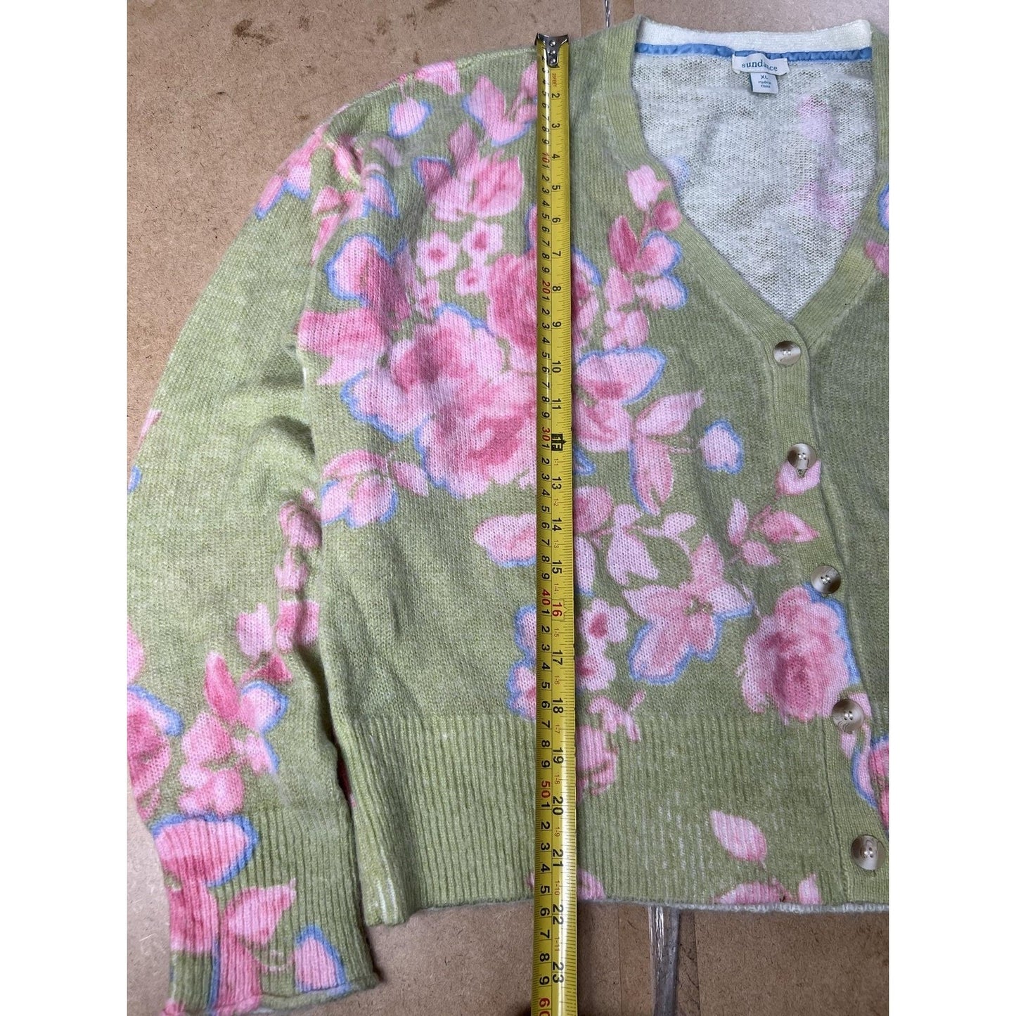 Sundance Cardigan Womens XL Green Floral Open-Knit Lightweight Button Front
