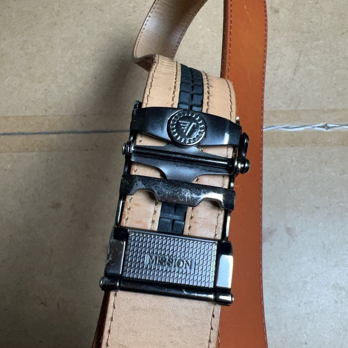 Mission Belt Mens One Size Brown Leather Ratchet Adjustable Buckle Logo