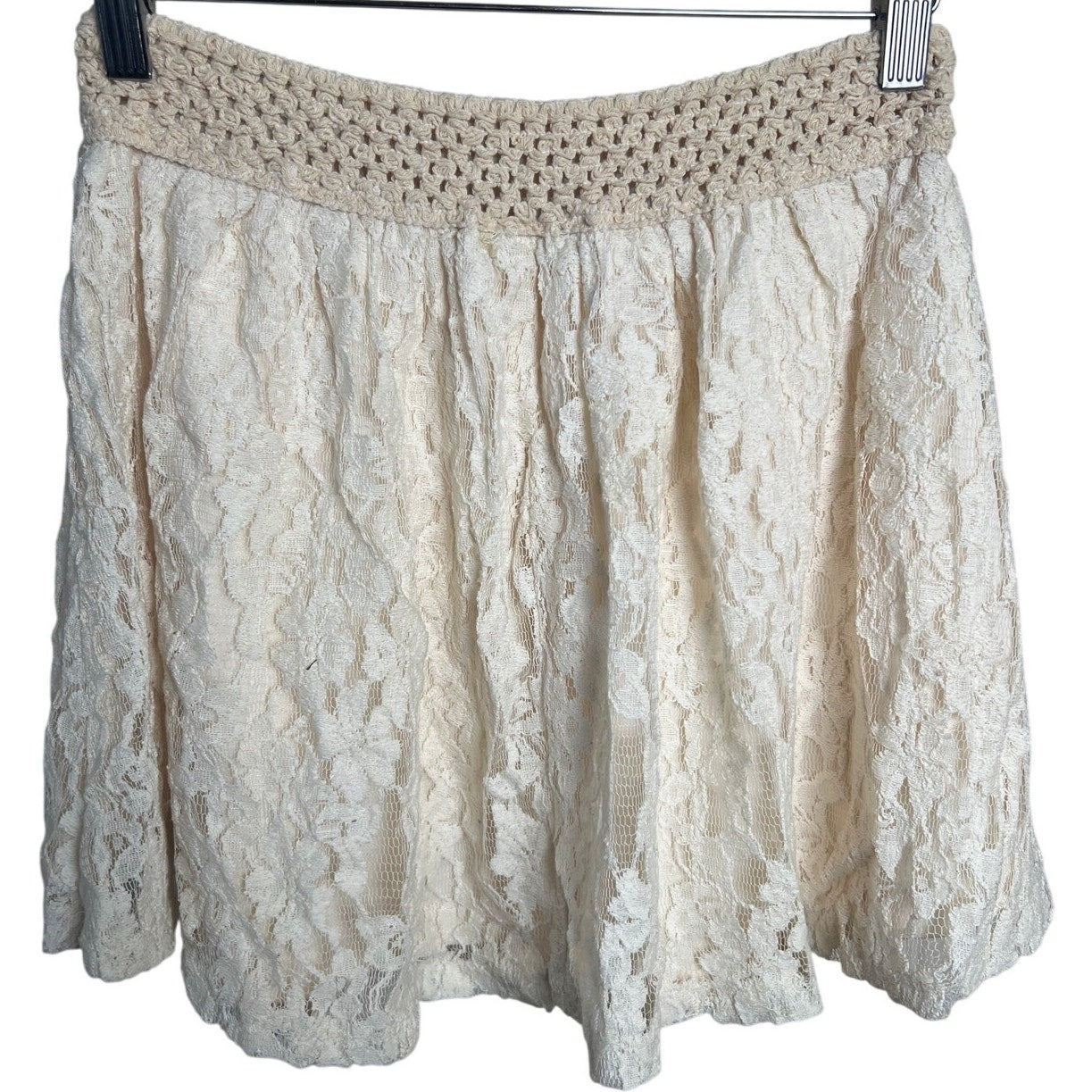Y2K Deb Lace Tan Skirt Small Elastic Waist Knit Detail