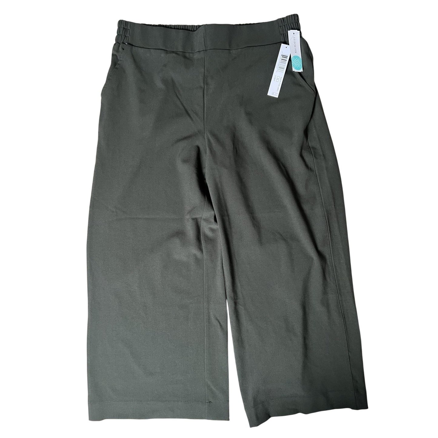 Stitch Fix Pants Womens XL Green Cropped Crepe Pull On Elastic Pockets Wide-Leg