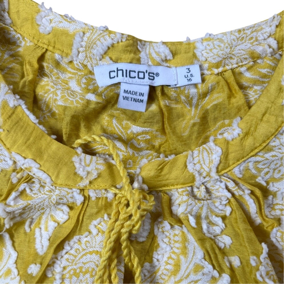 CHICO'S Women's Blouse Top 3/4 Sleeve Keyhole Neck Tassels Rayon Size 3