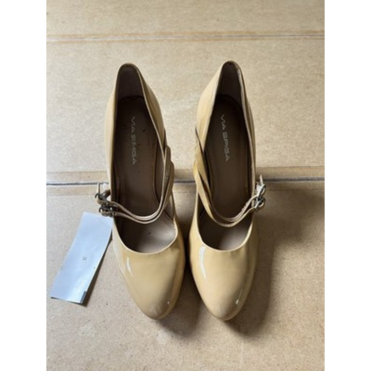 Via Spiga Shoes Womens 8.5 Beige Patent Pump Double Strap Round Toe High Heel