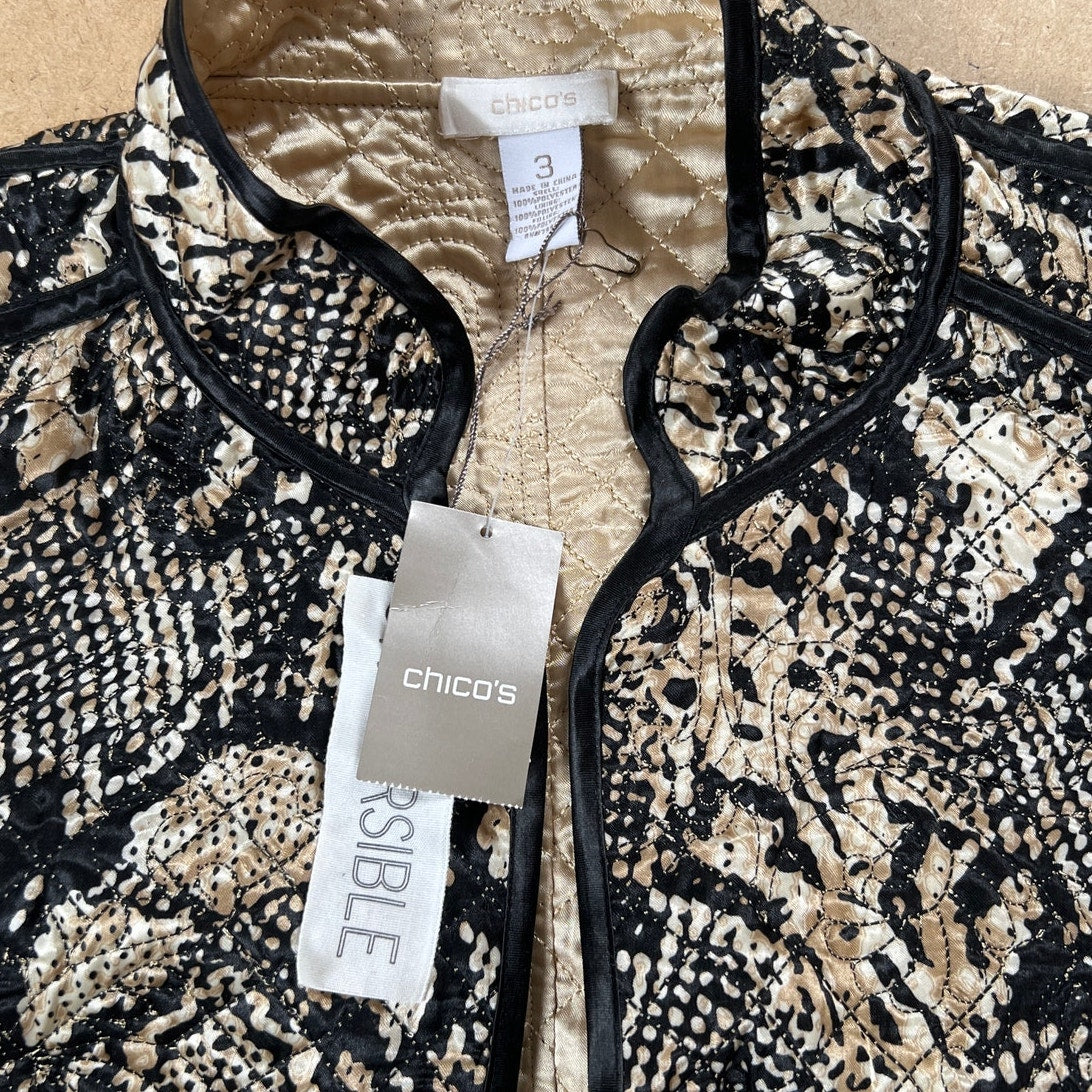 NWT CHICO'S Metallic Gold & Black Satin Quilted Open Blazer Jacket Size 3