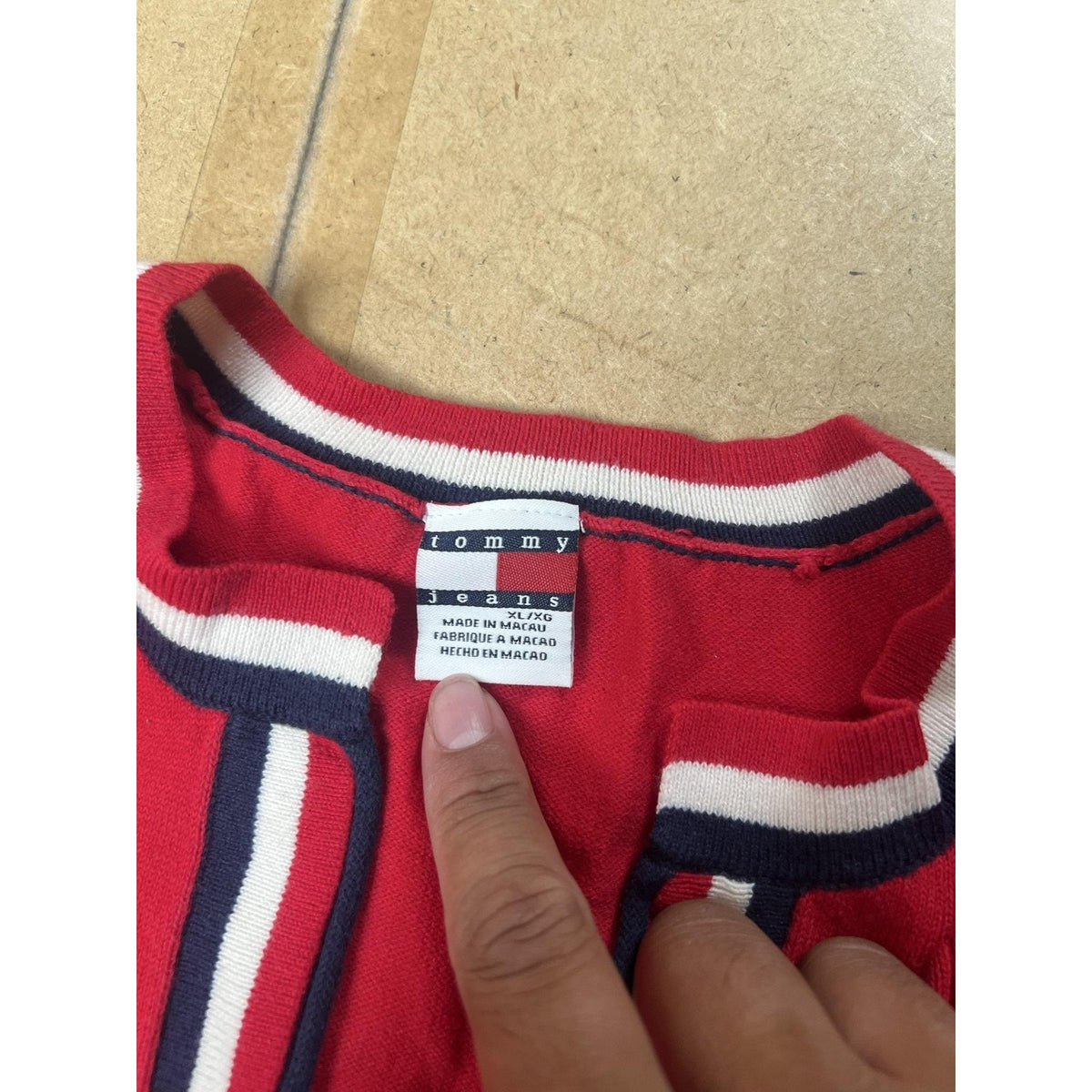 Tommy Jeans T-Shirt Womens XL Red Ringer Cap Sleeve Striped Slim Casual