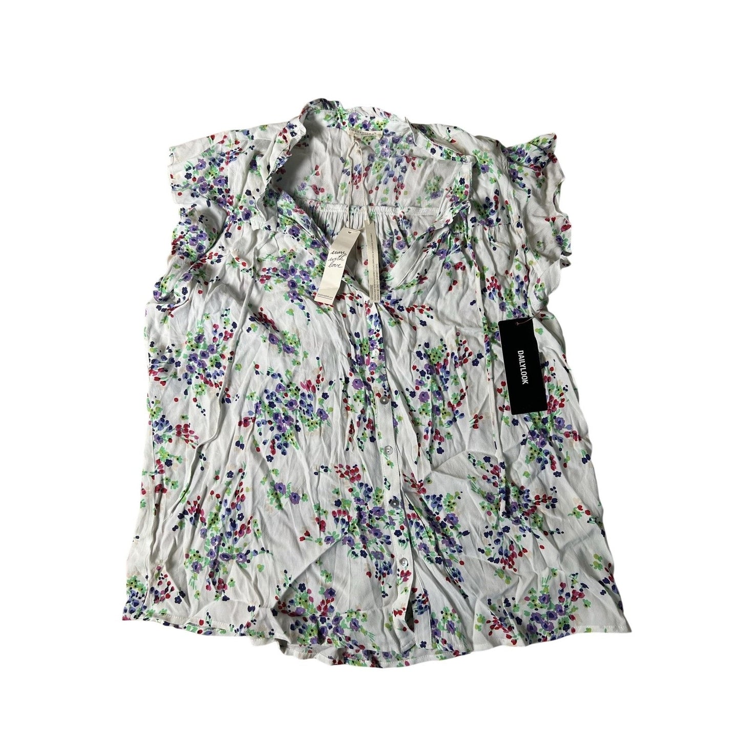Lovestitch Blouse Womens M White Floral V-Neck Short Sleeve Ruffle Button