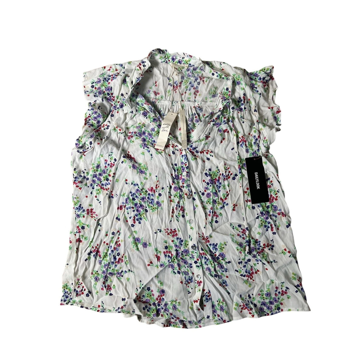 Lovestitch Blouse Womens M White Floral V-Neck Short Sleeve Ruffle Button