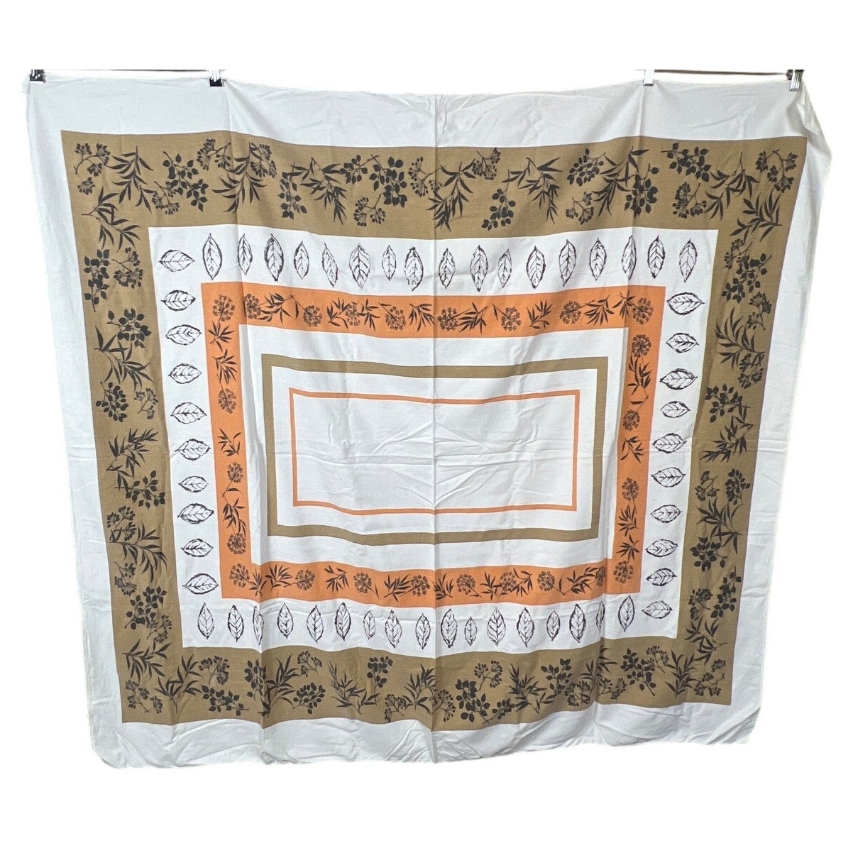 Vintage Cotton Tablecloth Mid Century Leaf Print Red Orange 56x52