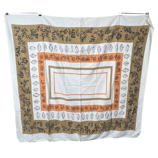 Vintage Cotton Tablecloth Mid Century Leaf Print Red Orange 56x52