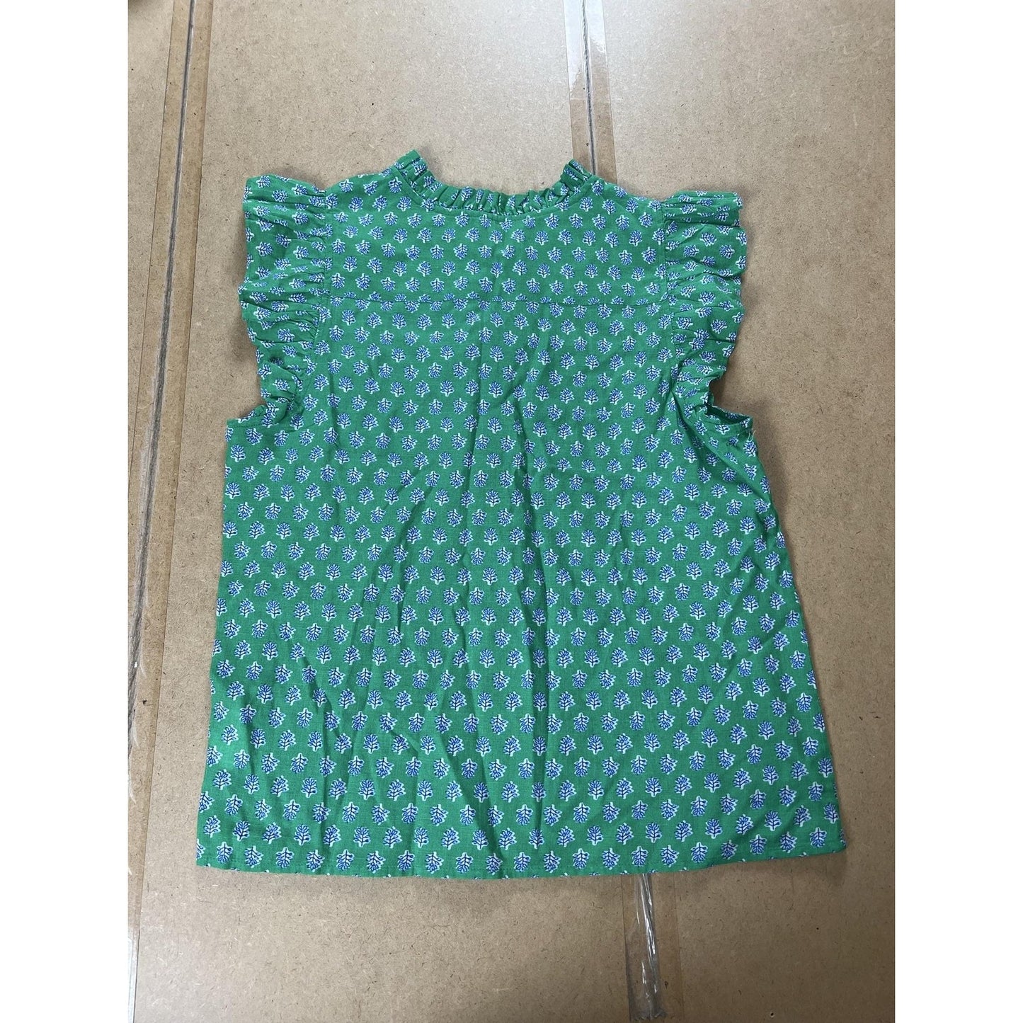 J.CREW Blouse Womens M Green Floral Ruffle Cap Sleeve Button Cotton Casual