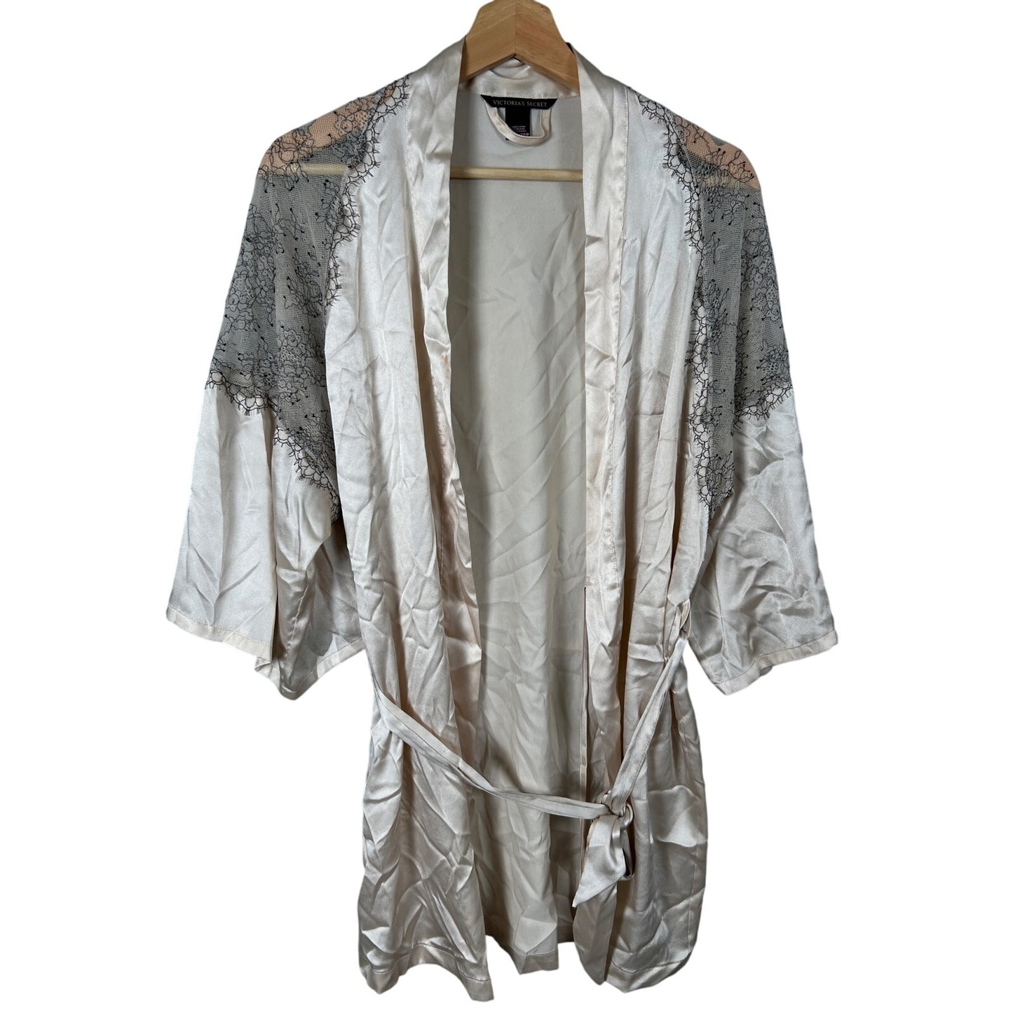 Victoria Secret XS/S Light Pink Satin Robe Kimono Short Black Lace Silky