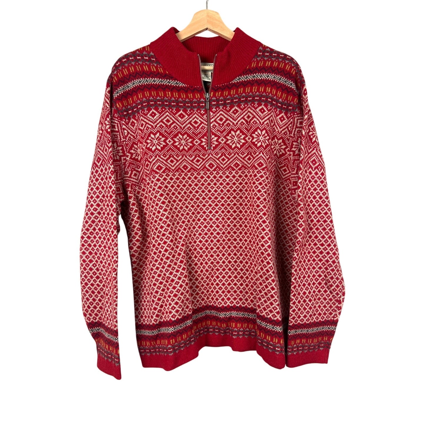 LL Bean Sweater Mens XL Reg Fair Isle Nordic 100% Lambswool Quarter Zip