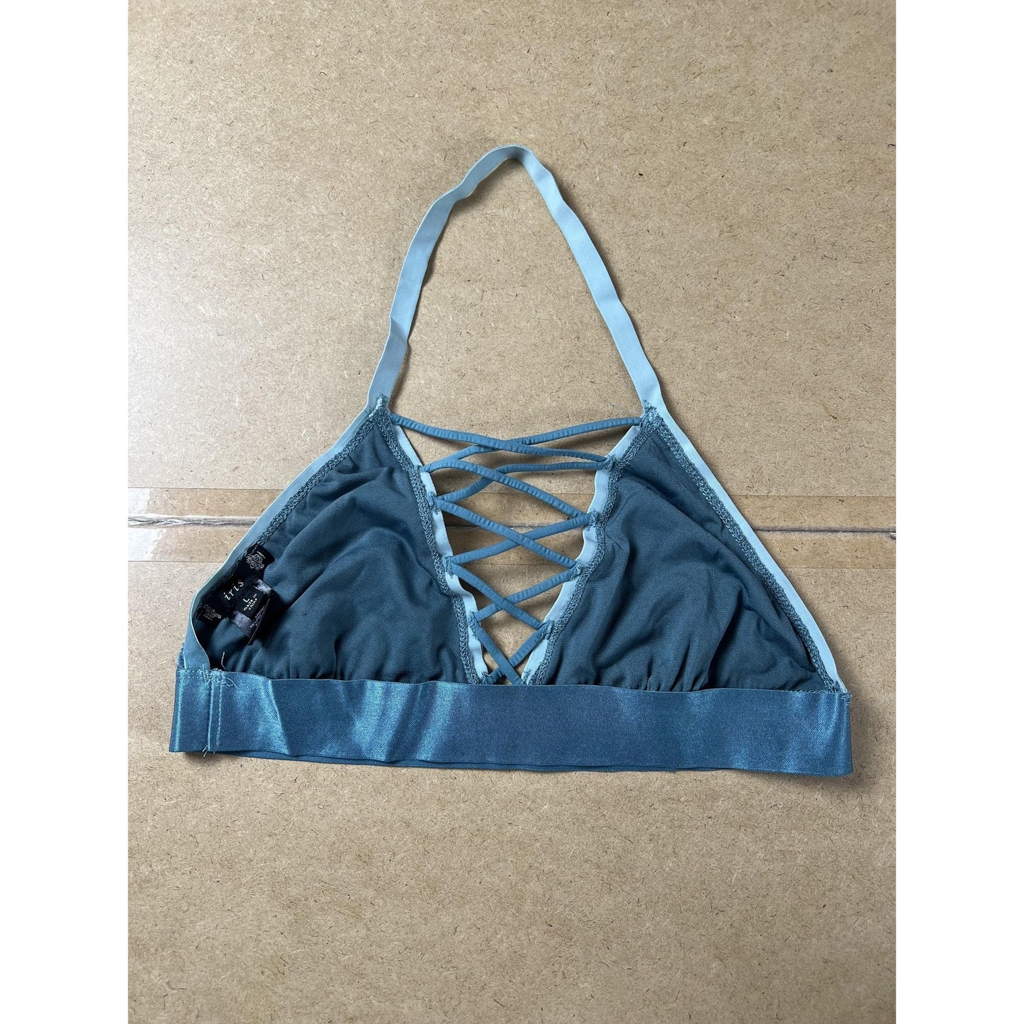 Iris Top Womens L Blue Lace Halter Lined Stretch Floral Sleeveless Adjustable
