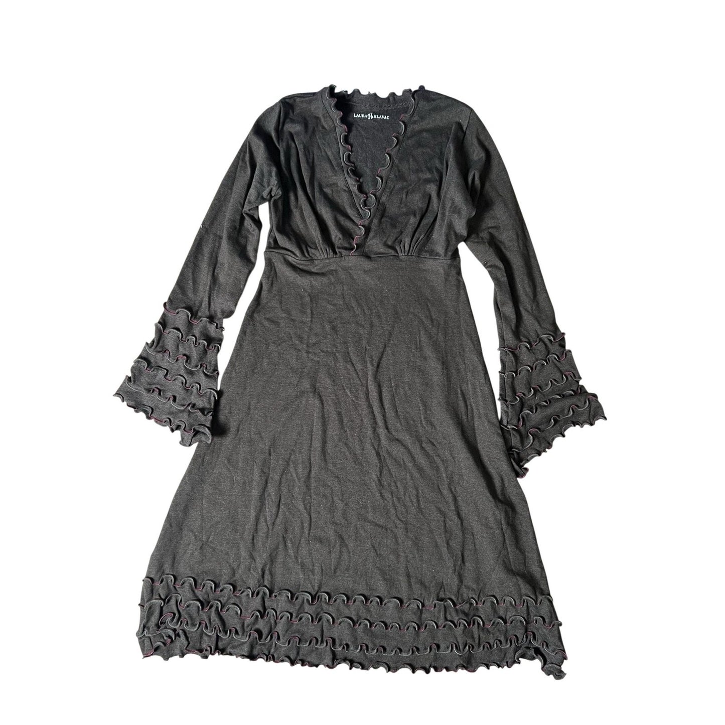 LAURA HHLAVAC Dress Womens M Brown Fit & Flare Sweater Dress V-Neck Ruffle
