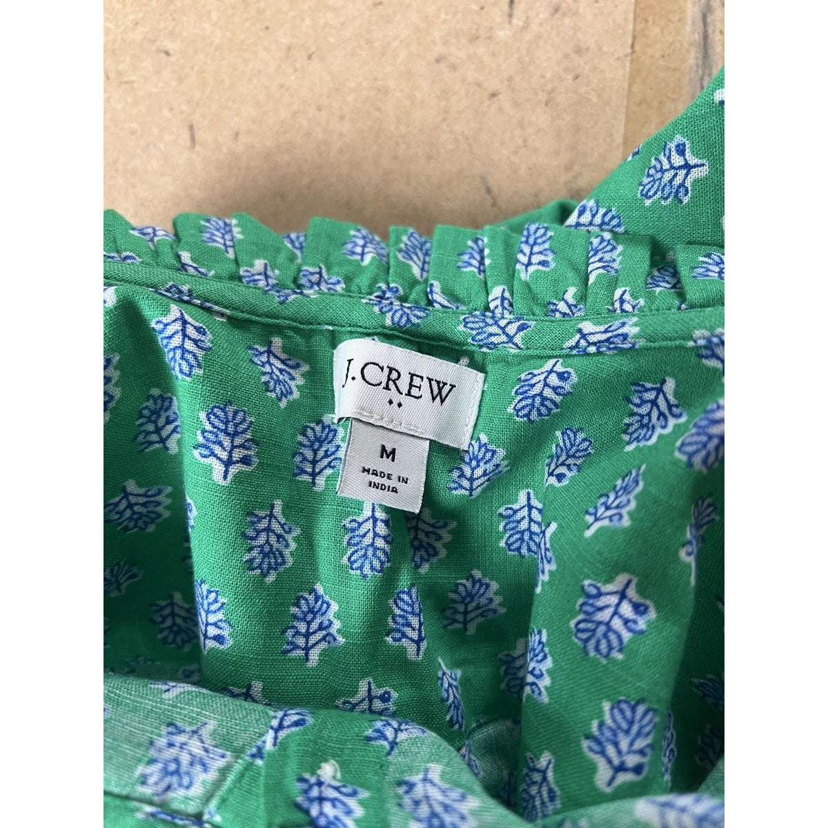 J.CREW Blouse Womens M Green Floral Ruffle Cap Sleeve Button Cotton Casual