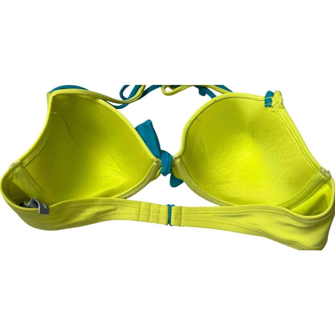Aerie 34C Neon Yellow Swimwear Bikini Top Blue Bowtie Adjustable Halter Top