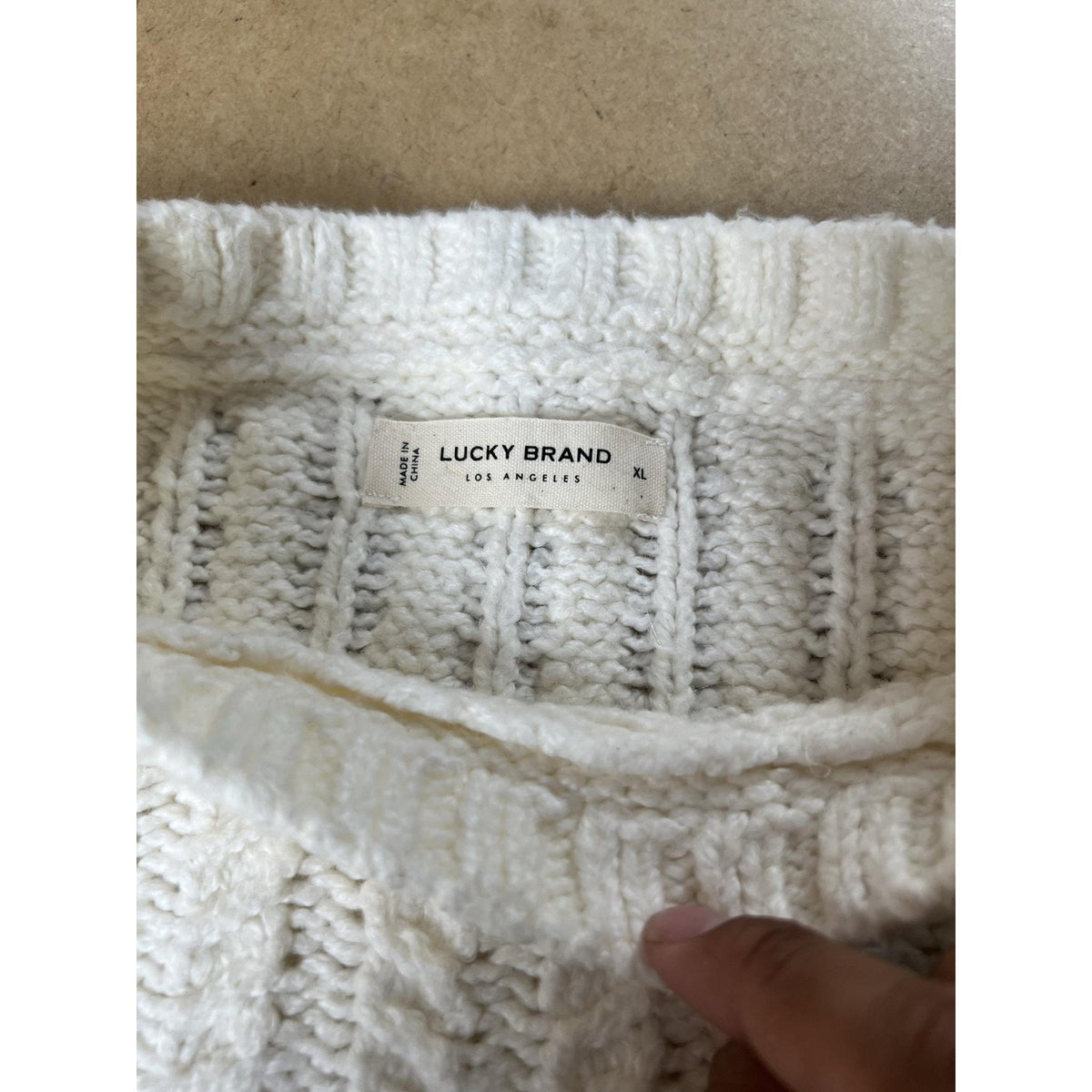 Lucky Brand Sweater Mens XL White Cable Knit Crew Neck Heavyweight Casual