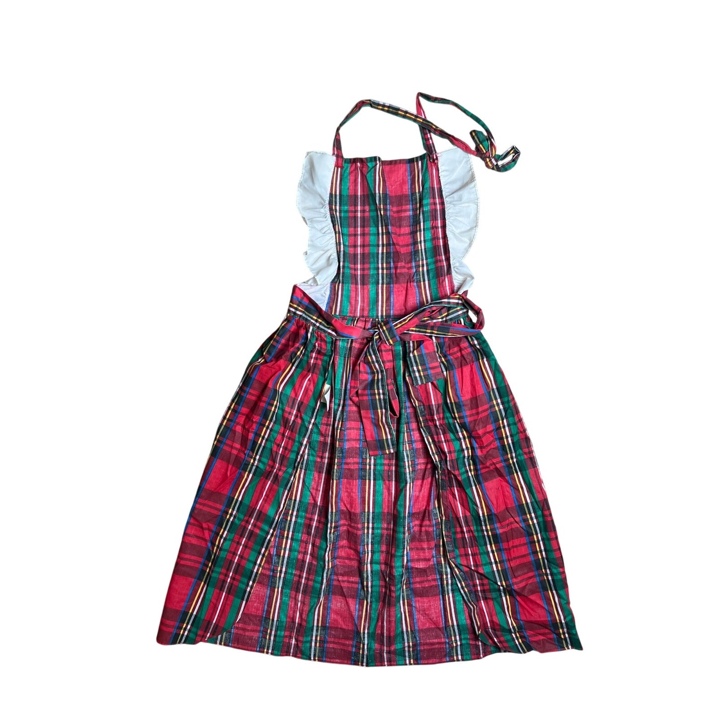 Vintage Full Apron Red Green Plaid 1980s Made In USA Christmas Tie Back Neck