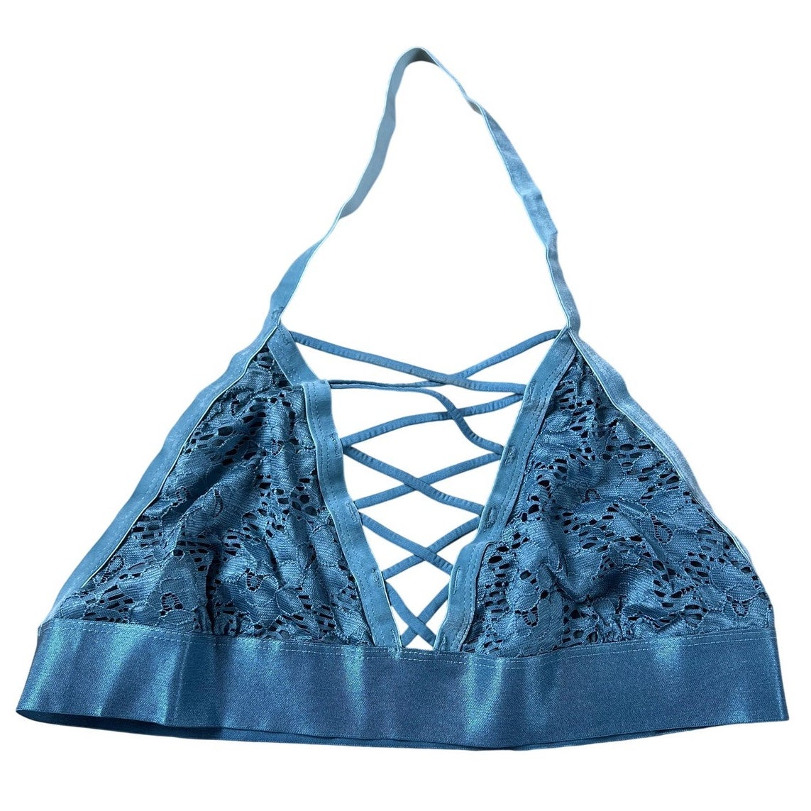 Iris Top Womens L Blue Lace Halter Lined Stretch Floral Sleeveless Adjustable