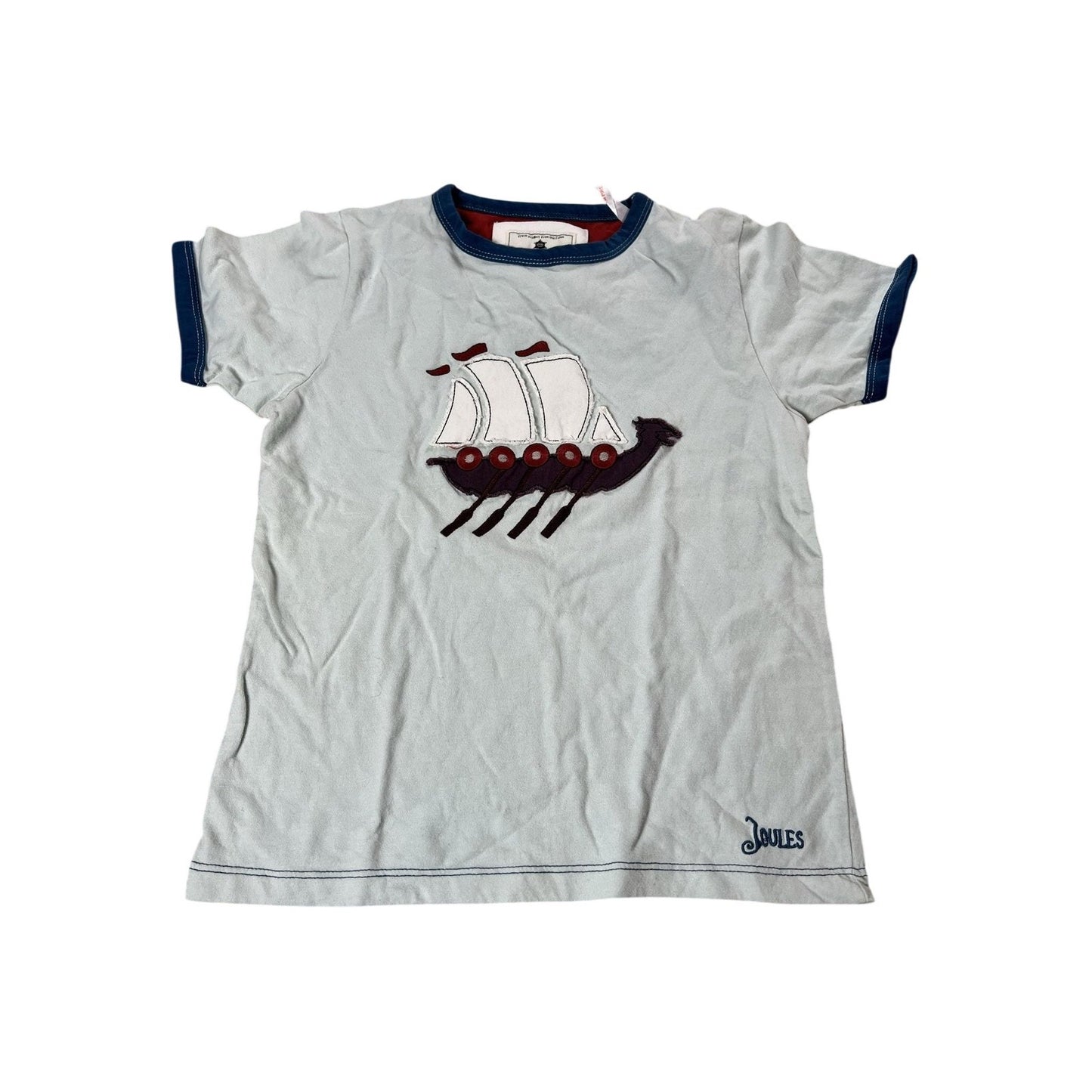 Joules Shirt Boys 8-9 Blue Ringer Viking Ship Graphic Short Sleeve Cotton Jersey