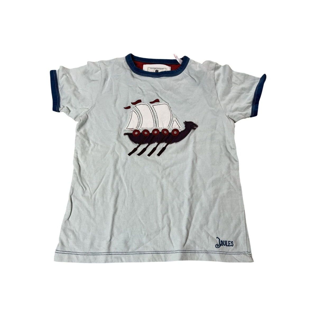 Joules Shirt Boys 8-9 Blue Ringer Viking Ship Graphic Short Sleeve Cotton Jersey