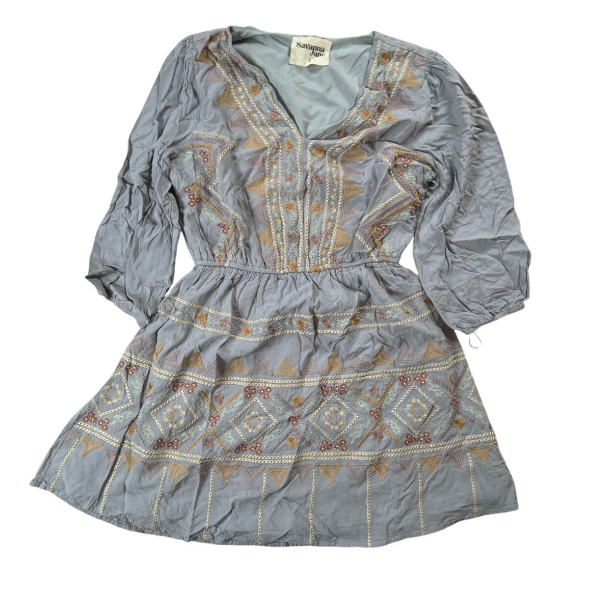 Savanna Jane Small Embroidered Gray V Neck Lined Long Sleeve Flare Dress