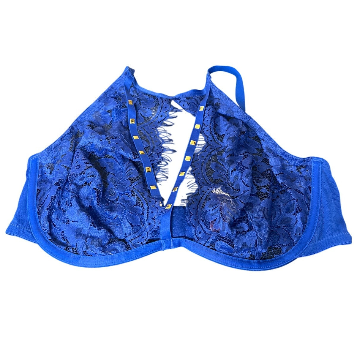 Adore Me 36DD Bra Plunge Blue Floral Lace Sheer Studded Underwire