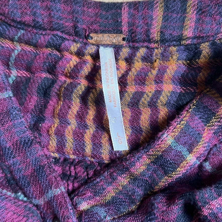 Free People Come On Over Double Knit Multicolor Plaid Flannel Women’s Top Large