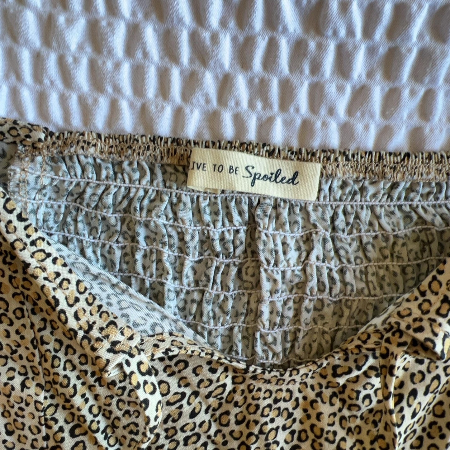 Live To Be Spoiled Dress Womens S Beige Animal Print Short Fit & Flare Smocked