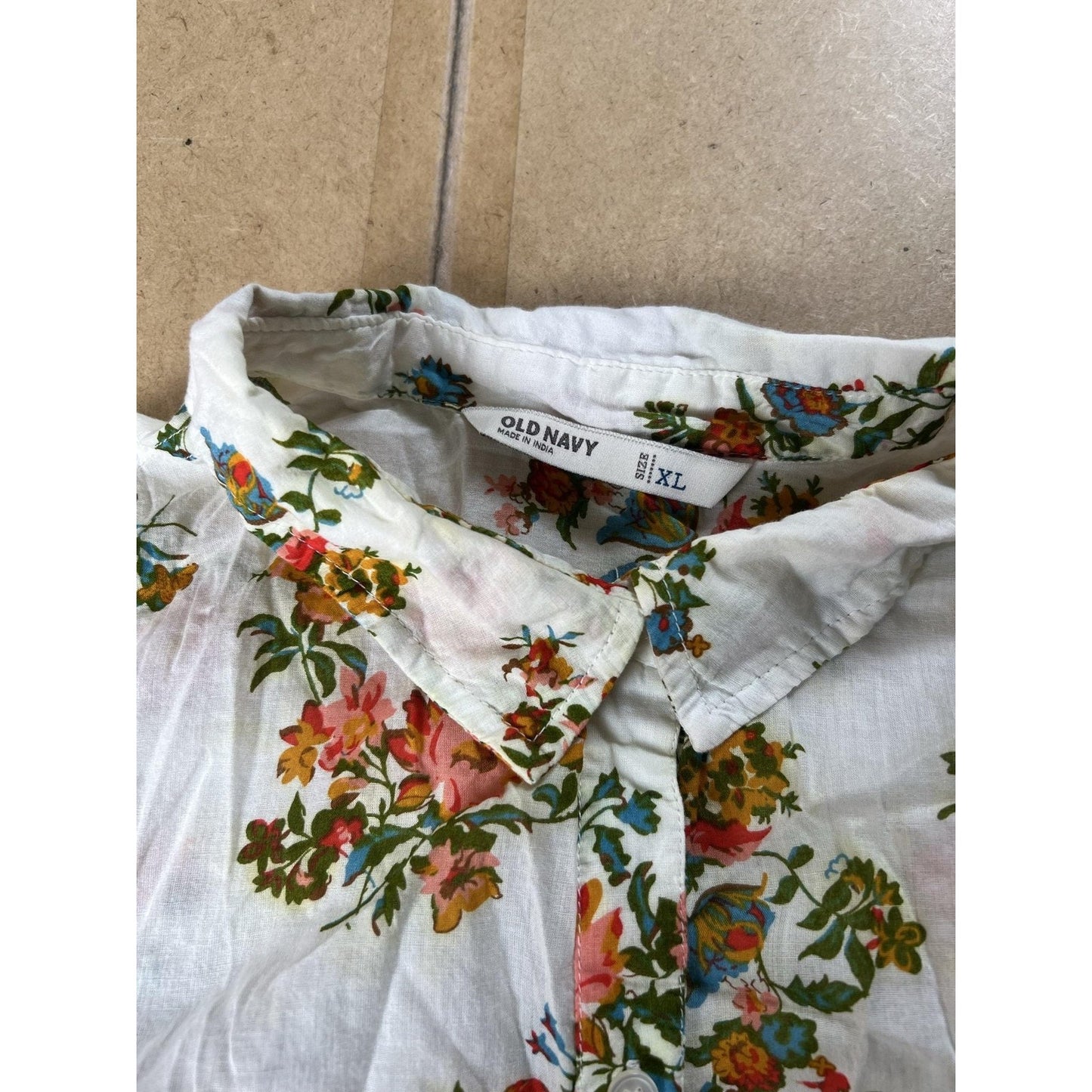 Old Navy Tunic Womens XL White Floral Button-Up Collared Long Sleeve Cotton