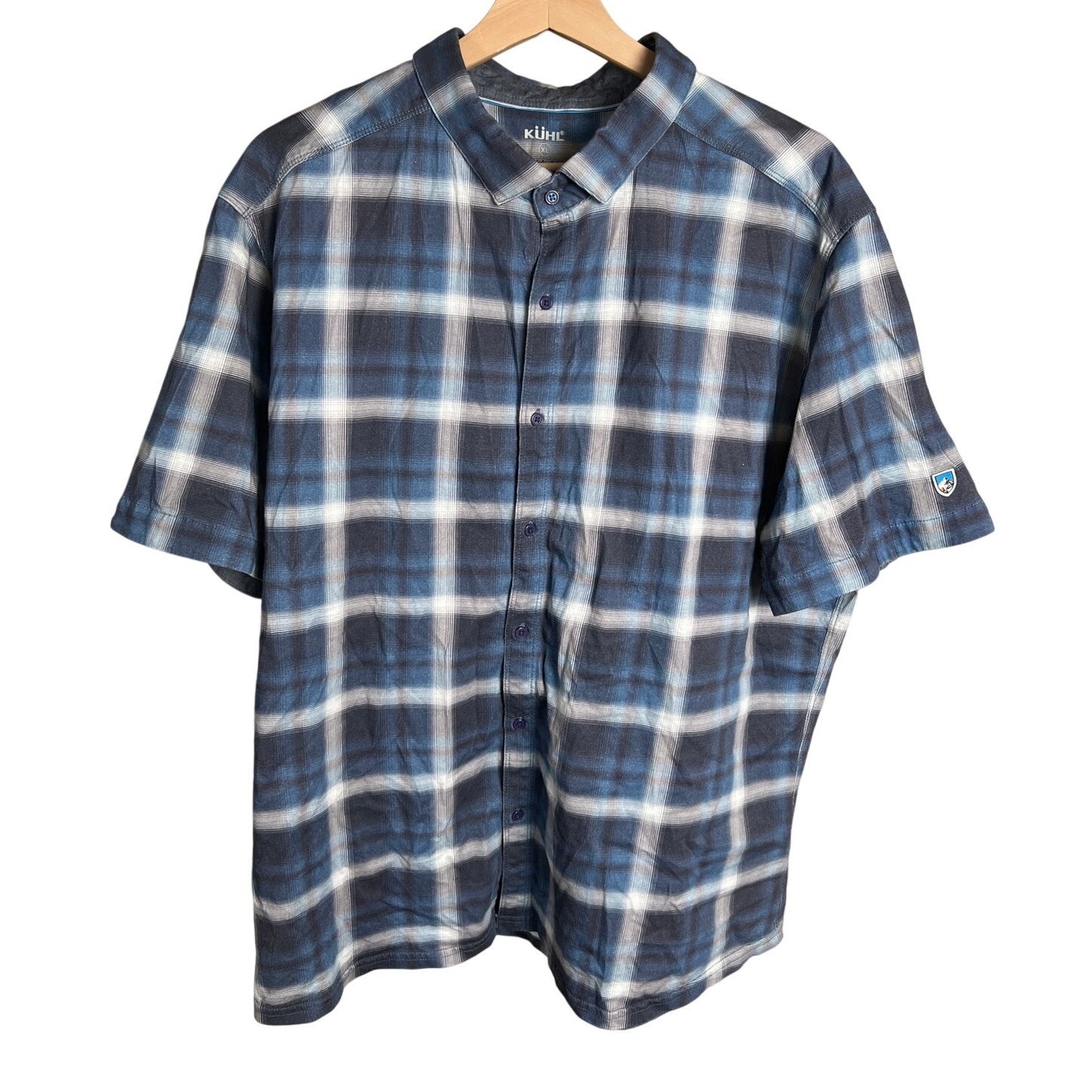 Kuhl XL Wildfiber 100% Organic Cotton Short Sleeve Blue Button Up Shirt Plaid