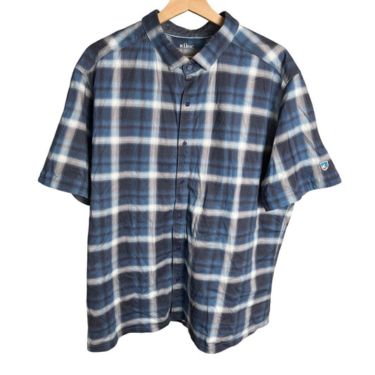 Kuhl XL Wildfiber 100% Organic Cotton Short Sleeve Blue Button Up Shirt Plaid