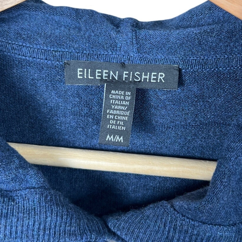 Eileen Fisher Pullover Small Hooded Henley Sweater Blue Comfort Medium Viscose